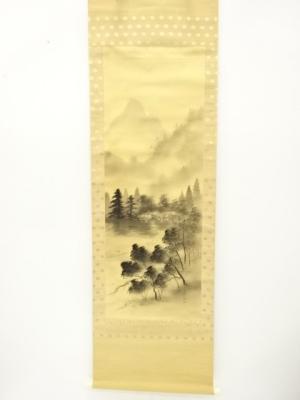 三景筆　水墨山水　肉筆絹本掛軸